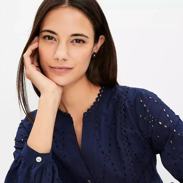 Loft Navy Blue Eyelet Button-Down Dress - Image 3