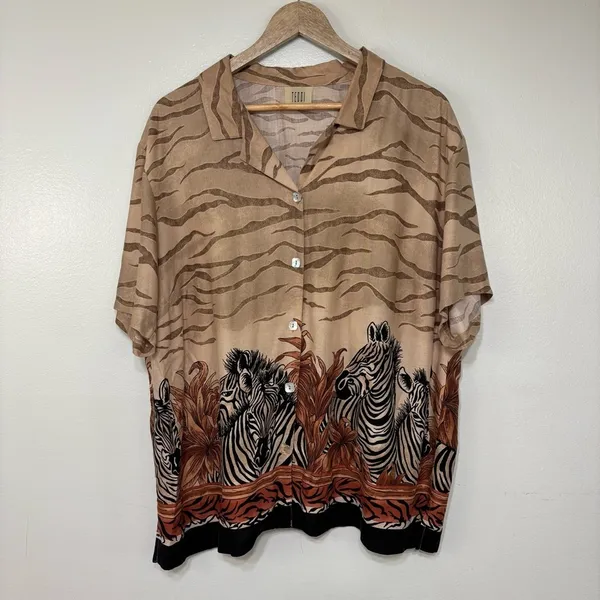 Teddi Rayon Safari Zebra Print Women’s Button Down Shirt Brown and Black Size XL - Image 3