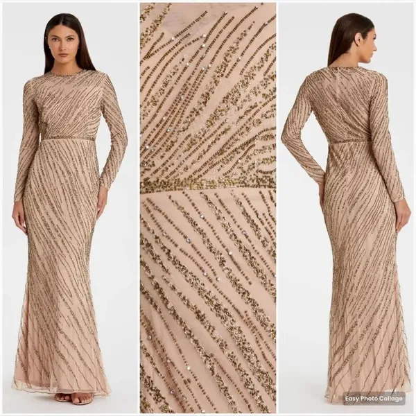 Mac Duggal 5240 Womens Long Sleeve Beaded Column Gown Dress Mocha - Image 2