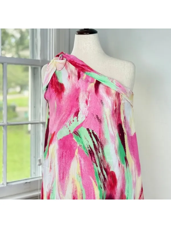 One Shoulder Pink Mini Shift Dress Emery Rose Medium Sleeveless Knee Length Cute - Image 3