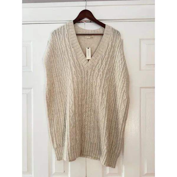 Anthropologie Ivory Cable Knit V-Neck Oversized Sweater Vest XL OB1672771 - Image 2