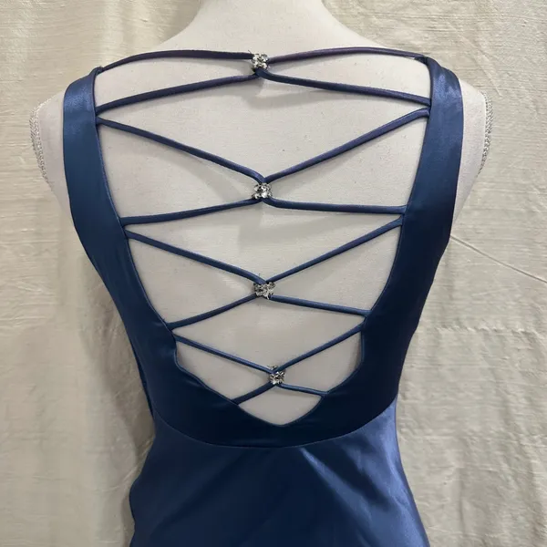 VTG 90s Zum Zum Blue Ombre Satin Slip Dress Rhinestone Strappy Open Back Prom XS - Image 6