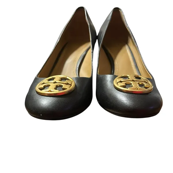 ✨ Tory Burch Black Leather Wedges – Size 7.5 – Gold Logo ✨ - Image 5