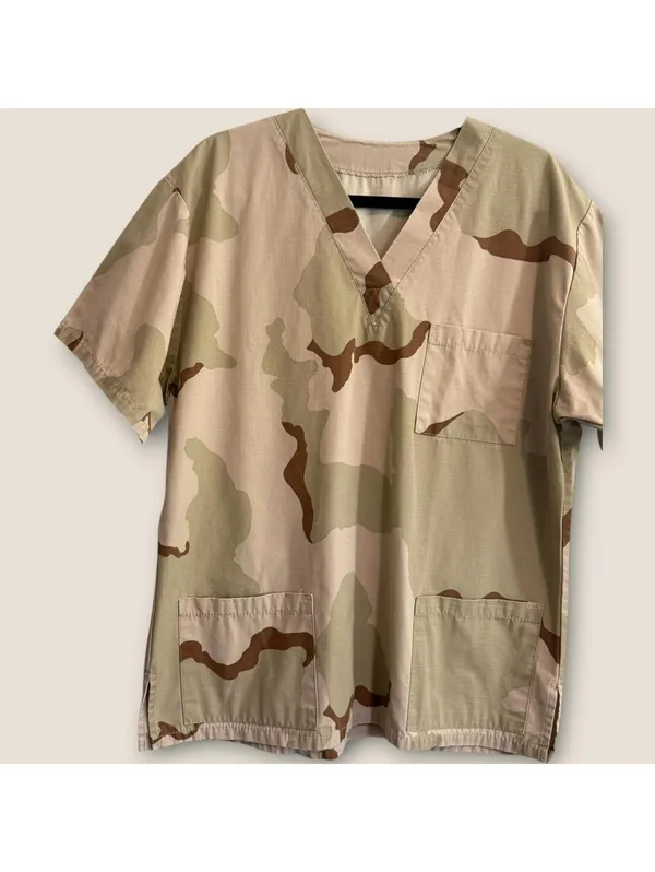 Desert Camouflage Scrub Top V-Neck 3 Pocket Tan Brown Green - Image 3