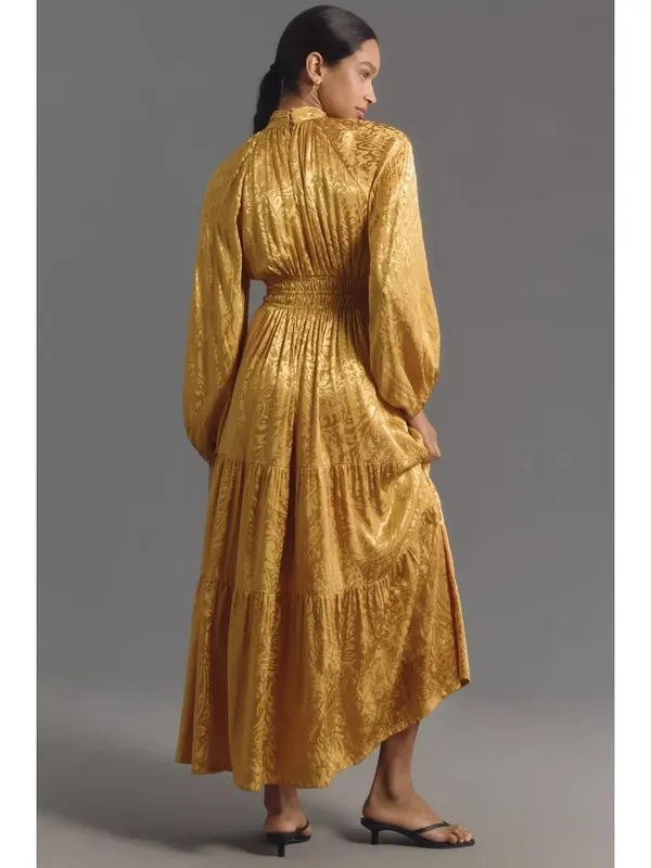 NWT by Anthropologie The Somerset Maxi in Yellow Satin Mock-Neck Edition Dress M - Image 3