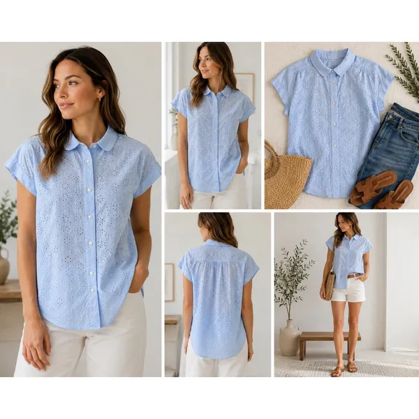 Gap Eyelet Blouse Womens L Light Blue Embroidered Button Front Cap Sleeve Top - Image 15