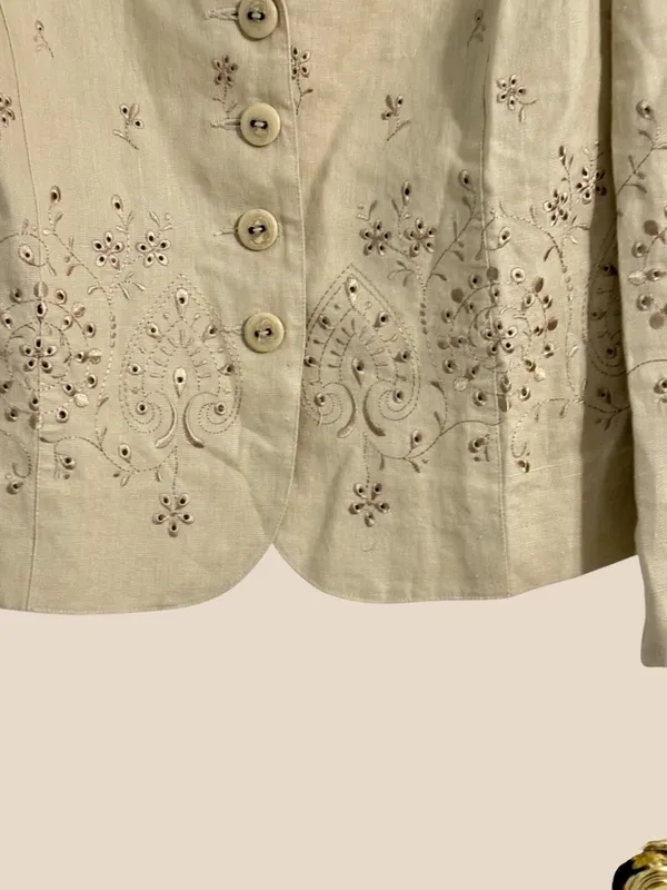 Carole Little Linen Embroidered Blazer Jacket Tan Button Front Floral Eyelet 16W - Image 6