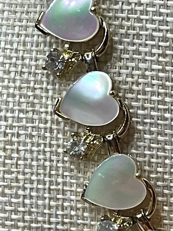 Vintage 80s Gold Faux Mother of Pearl Lucite Heart Rhinestone Choker Necklace - Image 2