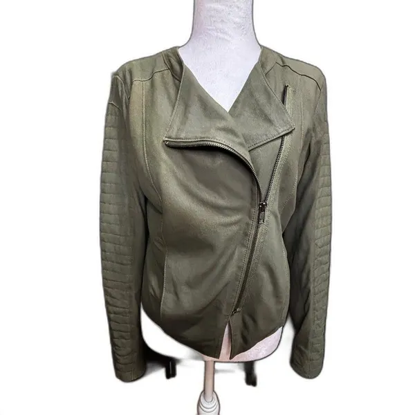 Cupcakes & Cashmere Moto Jacket Olive Green‎ Faux Suede Asymmetric Zip Vegan M - Image 2