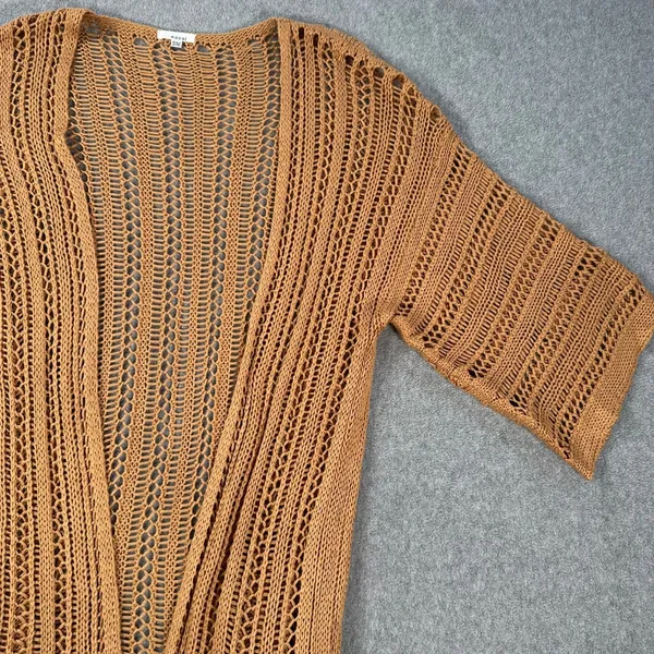 Easel Crochet Open Knit Duster Cardigan Small/Medium Brown Fringe Boho - Image 4