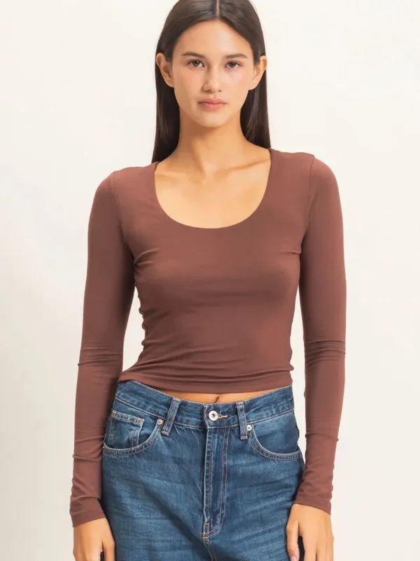 NEW 🤎 Double Zero Chocolate Brown Scoop Neck Long Sleeve Tee – Medium - Image 7