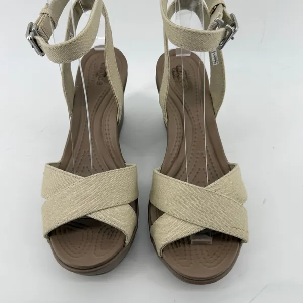 Crocs Leigh II Cross Strap Ankle Wedge Sandal Beige Khaki Women 7 Strappy Vacay - Image 2