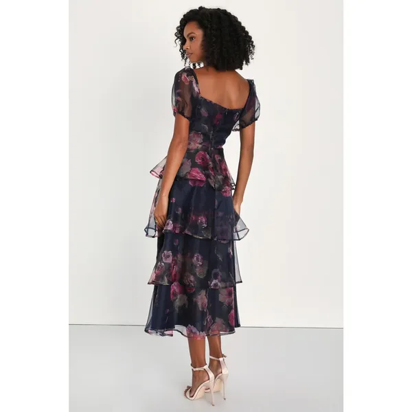 NWT Lulus Oh-So Stunning Navy Blue Floral Organza Tiered Midi Dress Cruise Sze M - Image 4