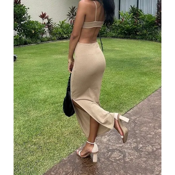 Shein Serita Inspired Textured Sand Woven Knit Midriff Cut Outs Maxi Dress XS - Image 3