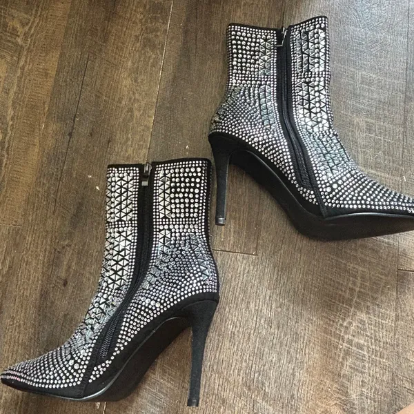 Jolimall Black Rhinestone‎ Mirror Studded Pointed Toe Stiletto Ankle Boots 8 - Image 4