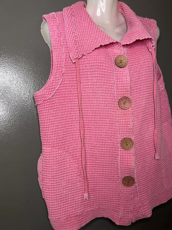 Focus Vest Womens Large Pink Cotton Knit Button Front Pockets Ruffle Collared - Image 3