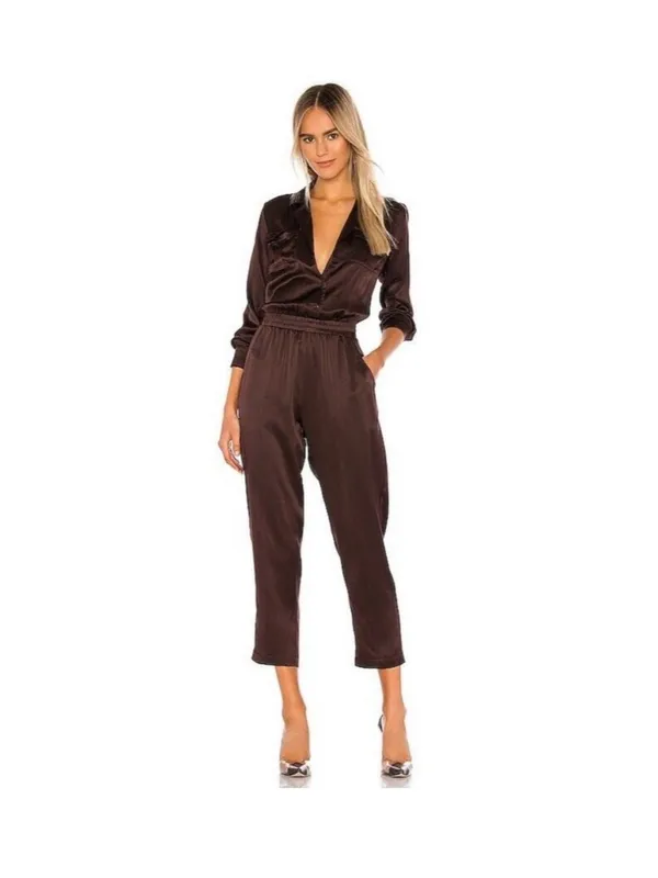 Amanda Uprichard Felix Long-Sleeve Satin Jumpsuit in Cocoa Brown Size Medium - Image 2