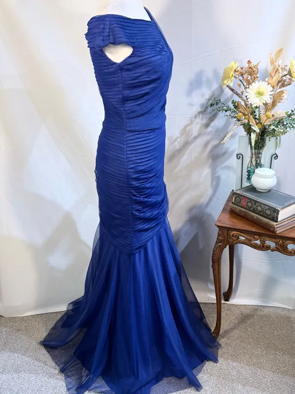 ☀️Tadashi Shoji Cobalt Blue Ruched Arymetric Draped Chiffon Evening Gown Sz 4🧡 - Image 4