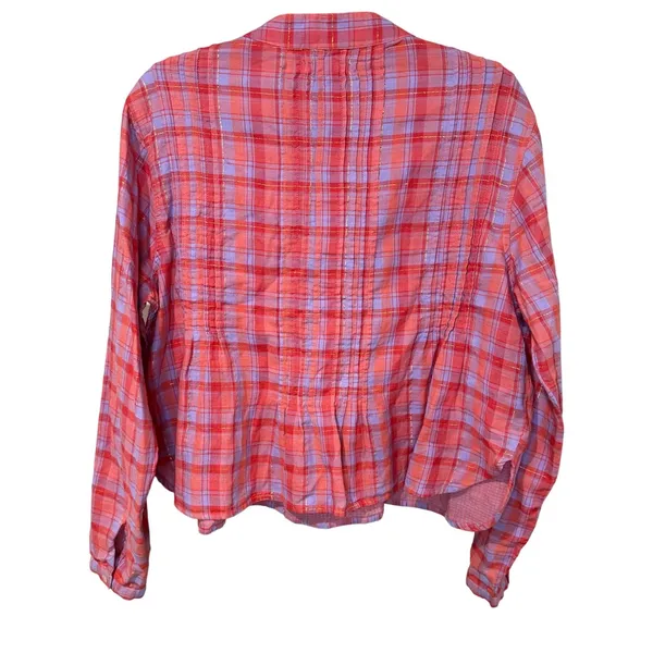 Natural Life Pink Purple Plaid Pintuck Blouse Gold Metallic Cotton Top Medium - Image 4