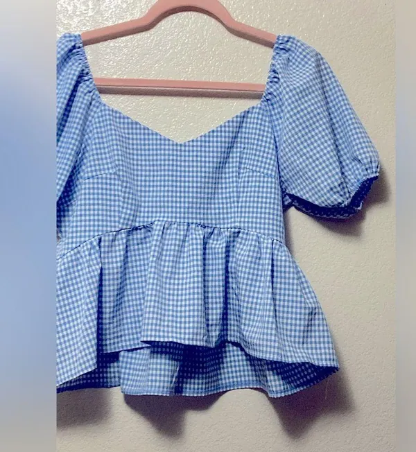 Blue Gingham Plaid Babydoll Puff Sleeve Blouse Top - Image 3