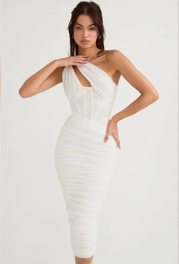 House of CB Valentina Ivory Asymmetric Cutout Midi Dress - Image 2