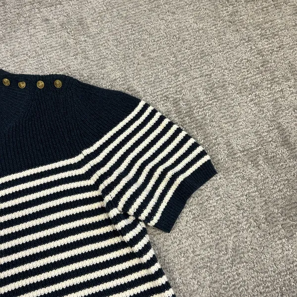 Maeve Sweater Womens Large Divendra Navy Cream Stripe Button Shoulder Nautical ￼ - Image 3