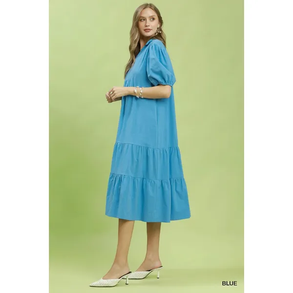 Umgee Solid Tiered Midi‎ Dress - Blue - Medium - Image 2