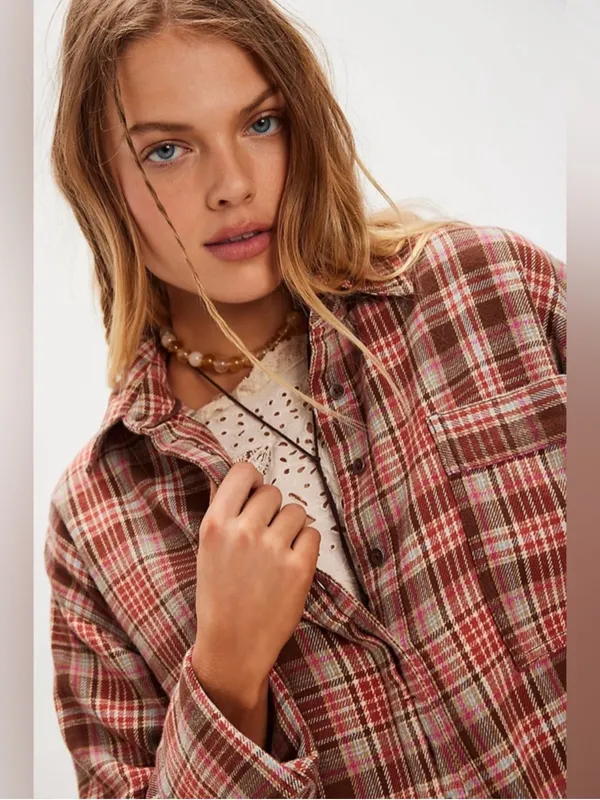NWT! We The Free Brown, Rust & Pink Plaid Shirt Jacket - Image 4