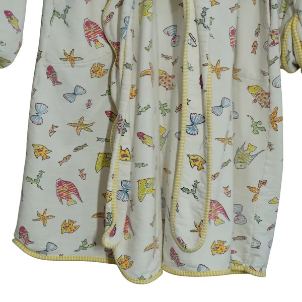 Vintage Prima Donna Cotton Robe Small Fish Starfish Print Yellow Trim Beach 90s - Image 5