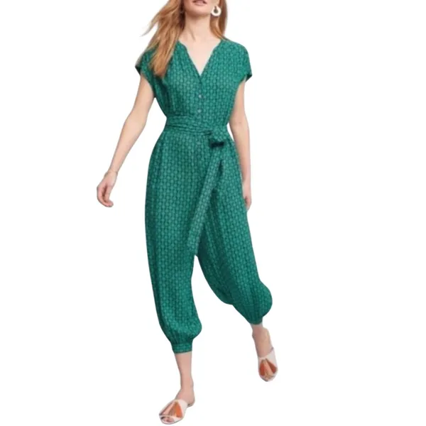 Maeve Anthropologie Jumpsuit Size XS Green Floral Geo‎ Belted Rayon Boho Cropped - Image 15