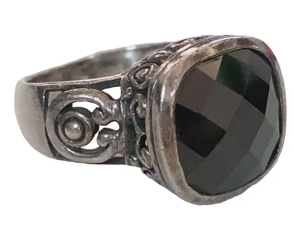 VTG 925 Sterling Silver Faceted Onyx Scroll Filigree Ring Size 6.75 Wide Band - Image 7