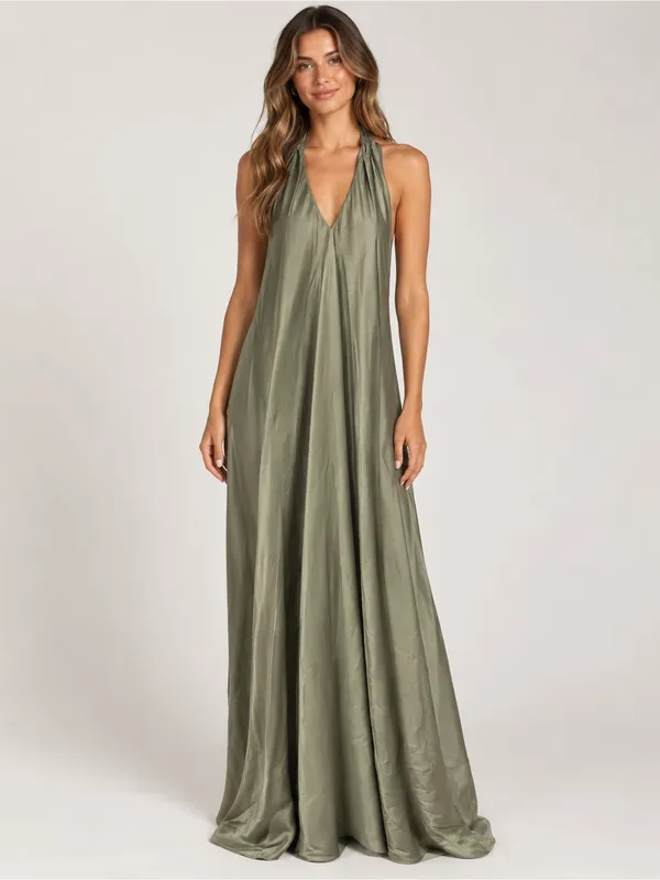 Show Me Your Mumu Sage Satin Halter Cowl Maxi Dress S Y2K - Image 3