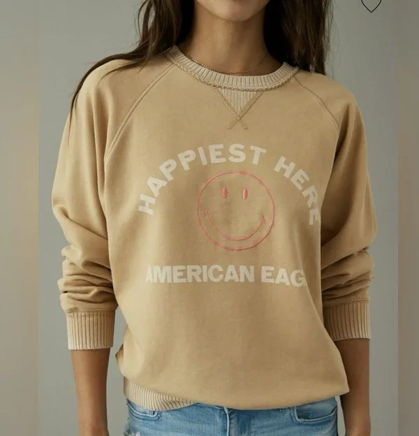 American Eagle Funday Graphic Happiest Here Smiley Tan Sweatshirt - size XL - Image 11