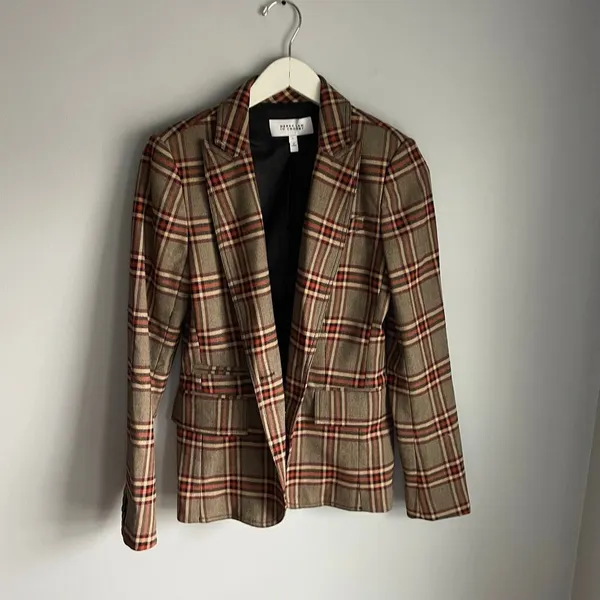 Derek Lam 10 Crosby Heritage‎ Equestrian Academia Brown Plaid Red Blazer size 6 - Image 3