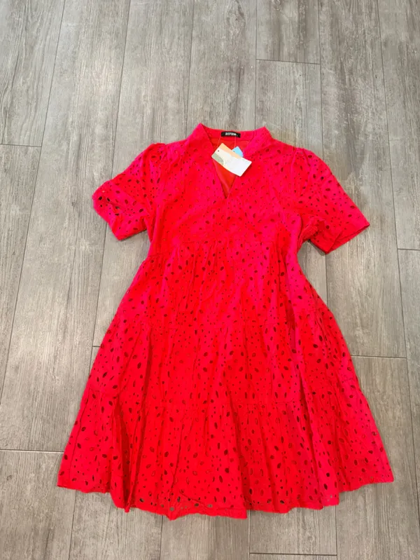 V-Neck Red Eyelet Tiered Mini Dress - Image 3