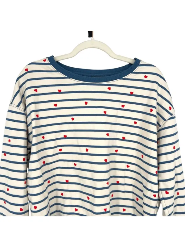 Pact Scattered Hearts Striped Sweatshirt Organic Cotton Blue Cream Size Medium - Image 2