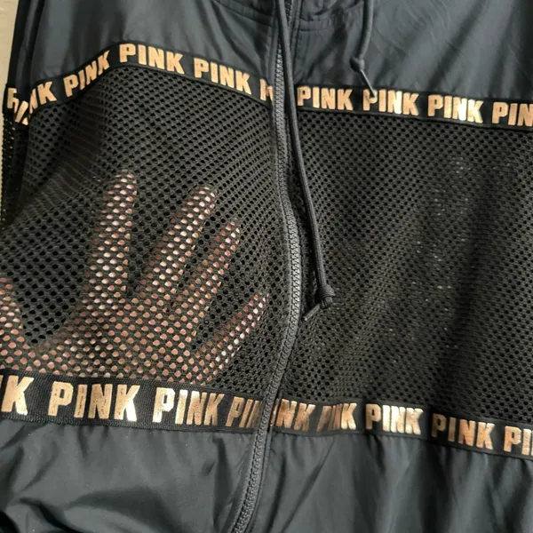 PINK Victorias Secret Zip Front Hooded Vented Jacket-Black/Gold-Polyester-SZ M/L - Image 5