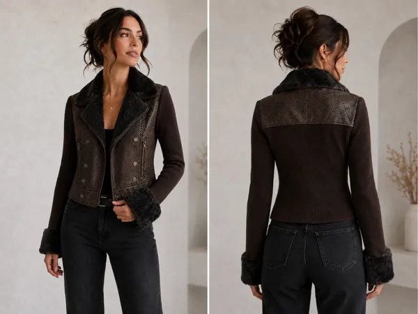 Cache Brown Faux Fur Trim Moto Jacket Size S Wool Blend Rib Knit Snakeskin Textu - Image 2