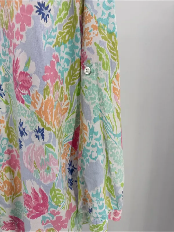 J. Jill Floral Watercolor Tunic in Blue, Pink, Green cotton roll tab sleeves M - Image 5