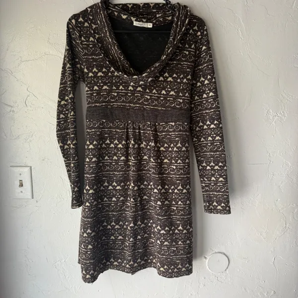 Hazel Brown‎ Patterned Long Sleeve Cowl Neck Knit Dress Fair Isle Print Small S - Image 2