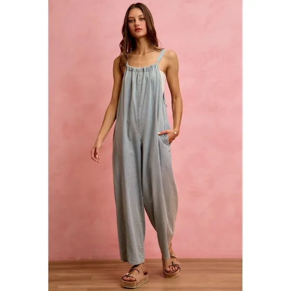 SO ME Wide Leg Lightweight Denim Overalls - Light Denim - Large - Image 9