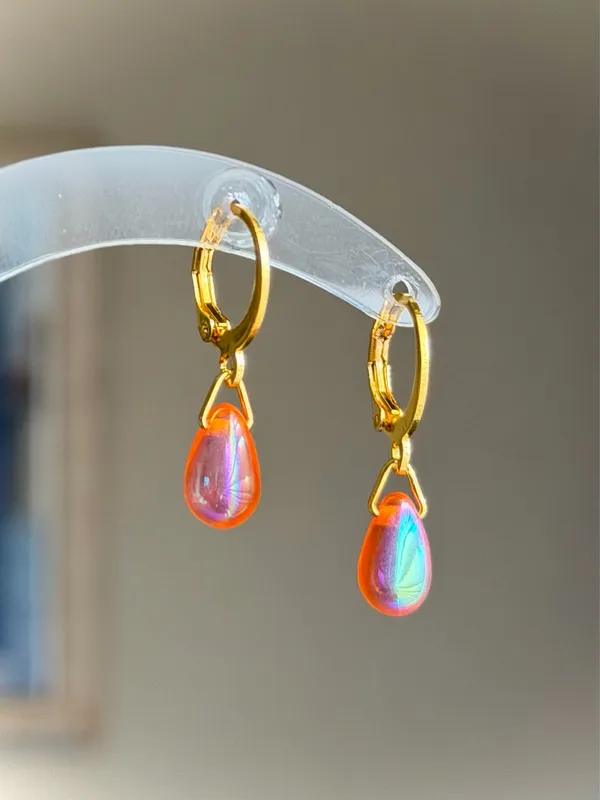 Handmade AB orange mini teardrop Czech glass simple minimalist earrings🧡 - Image 2