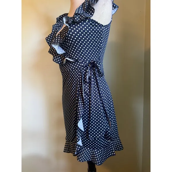 Y2K Navy White Polka Dot Ruffle Wrap Mini Dress Sleeveless whimsi dainty cute sm - Image 2