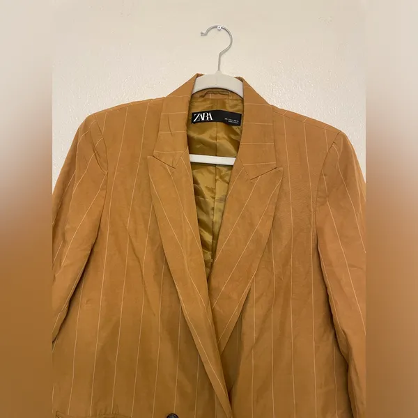 Zara Women’s Linen-blend Striped‎ Blazer Jacket in Mustard Yellow Size S - Image 3
