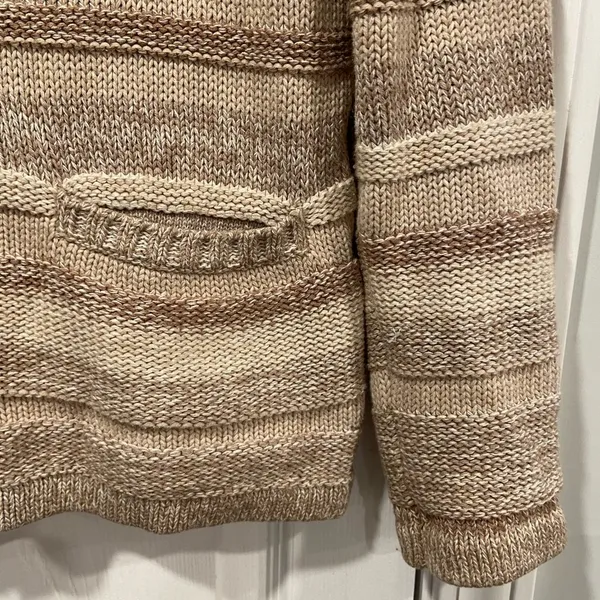 L.L. Bean Tan Striped Cotton Mock Neck Full Zip Knit Cardigan Sweater Size S P - Image 4