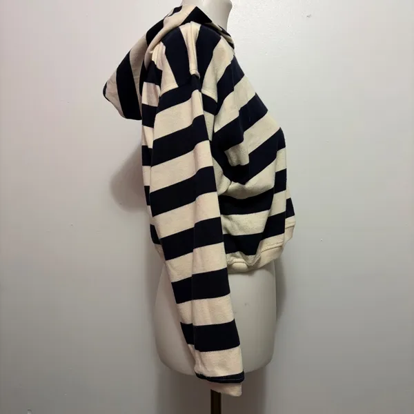 Tarazzia Sport Cropped Hoodie M Navy Cream Stripe Nautical Marin Bleu 90s French - Image 4