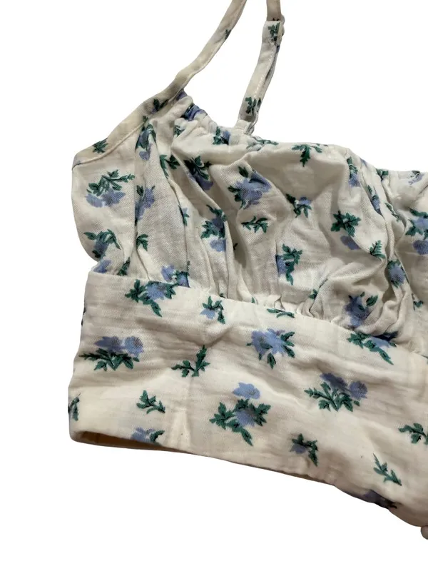 Princess Polly Ivory Blue Floral Smocked Crop Top Cami Tie Shirt Size 0 Women's - Image 6
