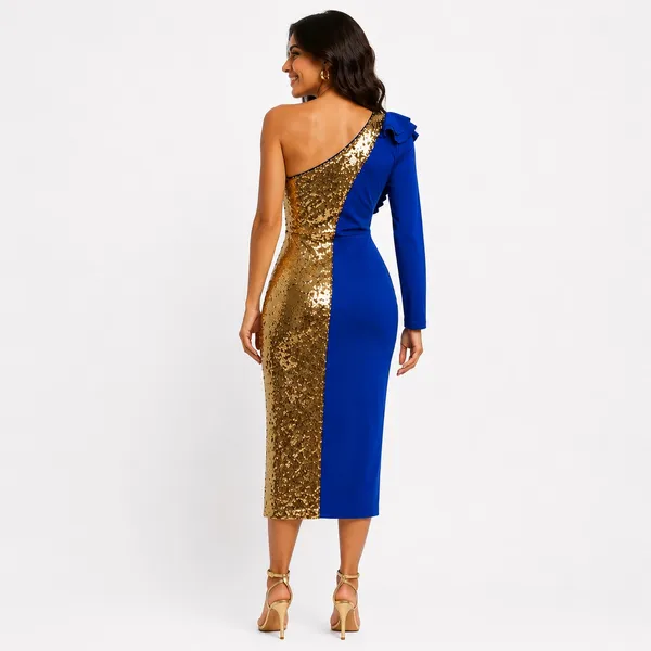 Womens One Shoulder Sequin Midi Dress Size XS Blue Gold Wedding Party Evening - Image 3