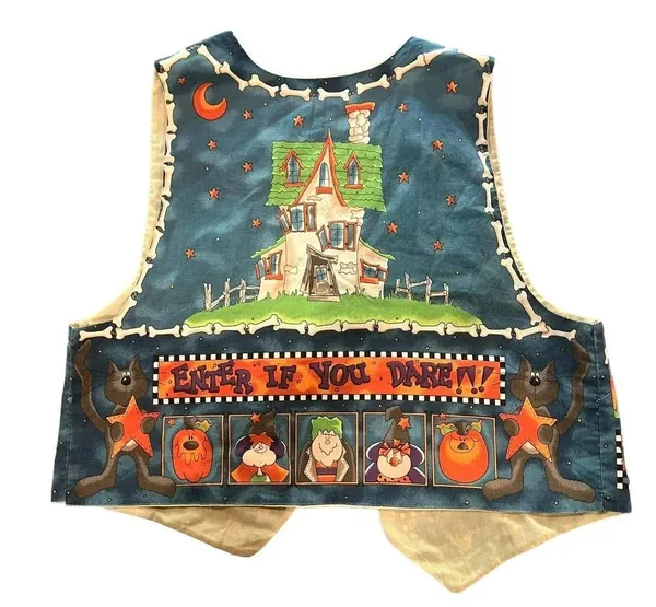 VINTAGE Women's Halloween Haunted House Reversible Quilted Handmade Vest Size XL - Image 5