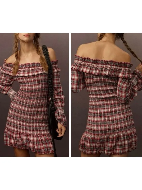 Anthropologie Pilcro Smocked Plaid Off-Shoulder Ruffle Mini Dress M Red White - Image 2